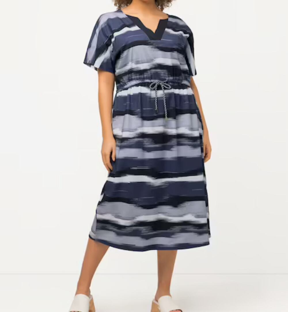 Ulla Popken SZ 12/14 MIDI Dress Blurred Stripe Split V-Neck Short Sleeve Stretch